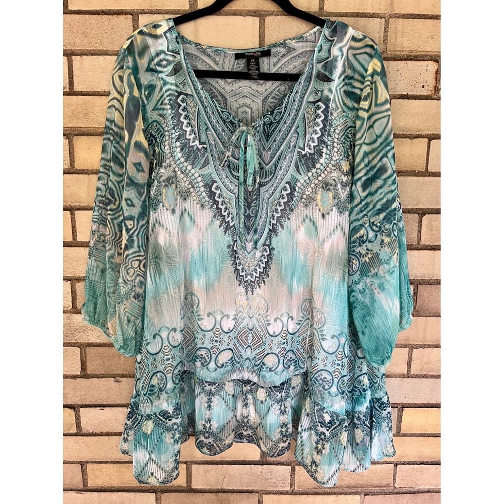 Style & Co Woman Teal Paisley V-Neck Ruffle Hem 3/4 Sleeve Top Plus Size 2X